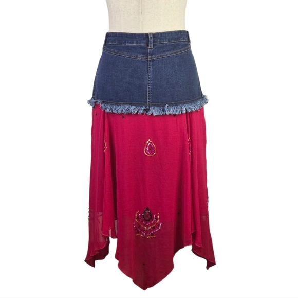 Vintage Metrostyle Denim & Geranium Pink Handkerchief Hem Maxi Skirt 12 - Picture 4 of 6